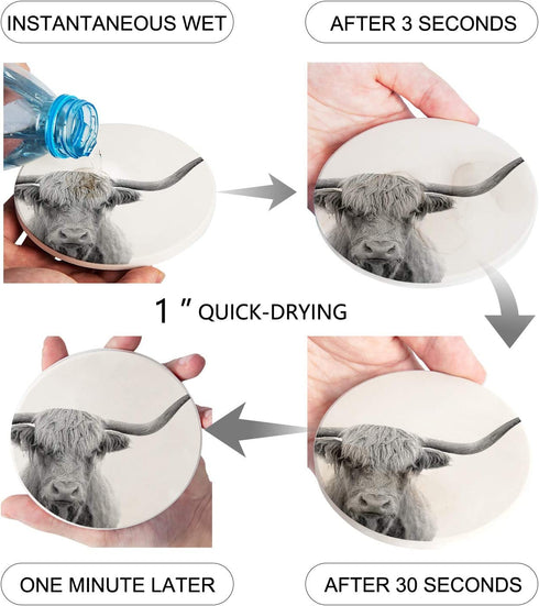 Coasters for Drinks Absorbent Coaster 6 Piece Set Grey Animal Highland Cow Pattern Funny Ceramic Cup Coaster for Cold Drinks Wine Glasses, Birthday Housewarming Gift
