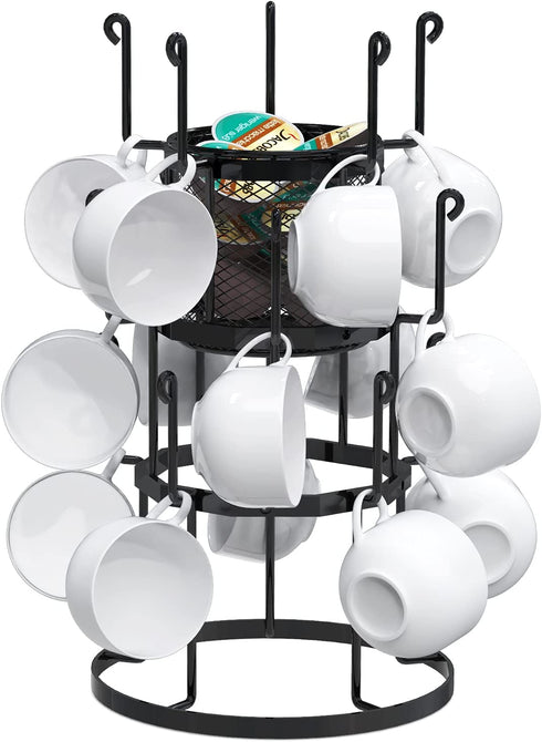 Bextcok Coffee Mug Holder, Metal Cup Rack Tree 15 Hooks Kitchen Counter Storage Mugs Stand with 3-Tier Display Organizer and Removable Basket for Coffee Mugs, Tea Cups, Mason Jars, Glasses Black