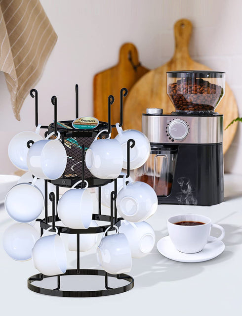 Bextcok Coffee Mug Holder, Metal Cup Rack Tree 15 Hooks Kitchen Counter Storage Mugs Stand with 3-Tier Display Organizer and Removable Basket for Coffee Mugs, Tea Cups, Mason Jars, Glasses Black