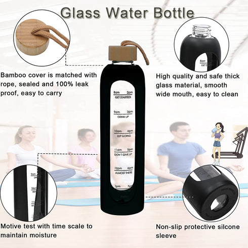 Water Bottles with Times to Drink, 32oz Water Bottle with Time Marker, Glass Water Bottles with Silicone Sleeve, Leak Proof Water Drinking Bottle - BPA Free, Bamboo Lid, for Fitness and Outdoor Sports
