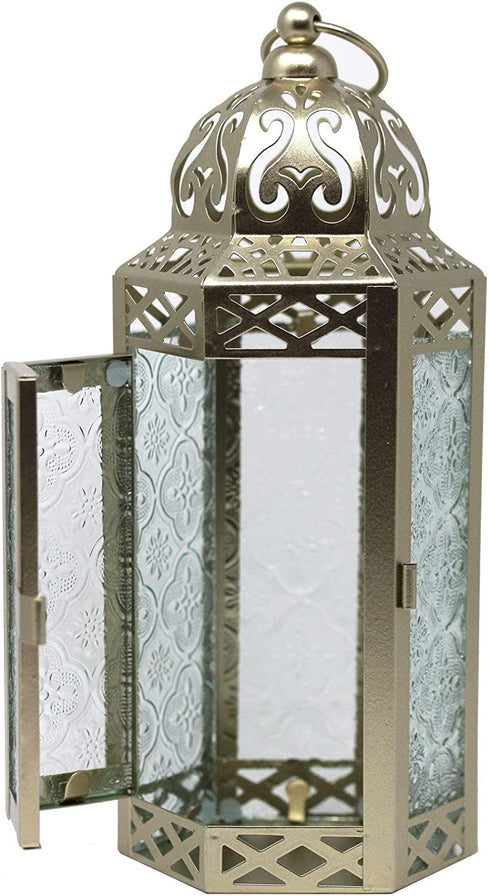Vela Lanterns White Gold Moroccan Decorative Candle Lantern Holder, Clear Glass, Medium