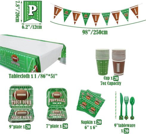 Football Party Supplies Football Touchdown Game Day Accessory for Superbowl and Including Birthday Banner, Plates, Cups, Napkins, Tableware, Tablecloth, Banner, Serves 20