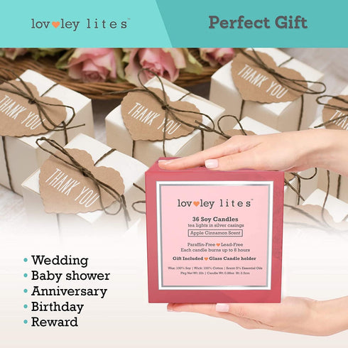 Lovley Lites Soy Tealight Candles Apple Cinnamon - Box Set of 36 Premium Tealight Candles Scented with Essential Oils + Tealight Candle Holder, 1 Inch Tall Long-Burning Soy Wax Tea Candles