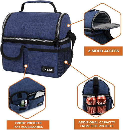 OPUX Insulated Dual Compartment Lunch Bag for Men, Women | Double Deck Reusable Lunch Pail Cooler Bag with Shoulder Strap, Soft Leakproof Liner | Large Lunch Box Tote for Work, School (Navy)