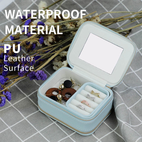 Cute Mini Jewelry Box, Portable Mirror Jewelry Organizer PU Leather Box for Women Girls Gift(Blue)