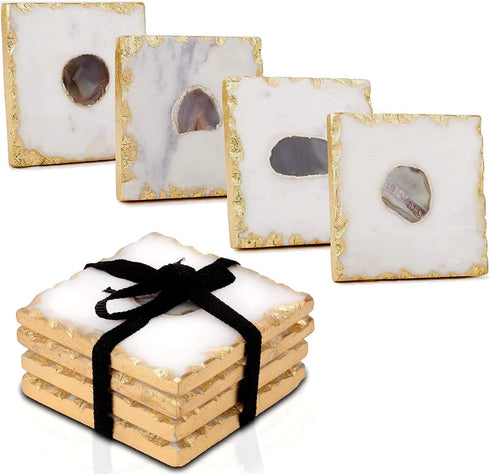 Bezrat Marble Coasters for Drinks - Set of 4 - Square - Modern Gold Edge Agate Stone Coaster - Tabletop Protection - Mothers Day Housewarming Gift