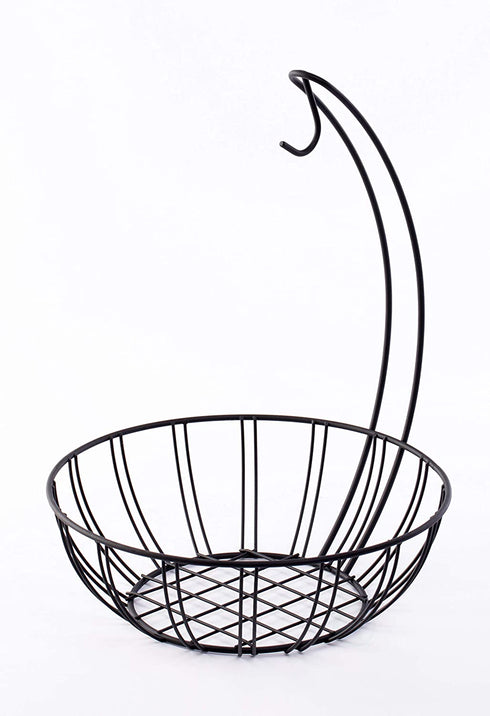 Basicwise Wire Metal Fruit Basket Holder with Banana Hanger, Black, (QI003494)