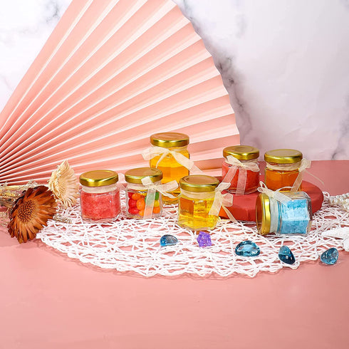 1.5 oz Hexagon Glass Jars with Golden Lids.Set of 48 Pack Mini Canning Jars Containers for Spice Jam,Jelly, Wedding Favors, Honey And More. Small Jars.Include 1 Chalk Pen and 80 Labels.