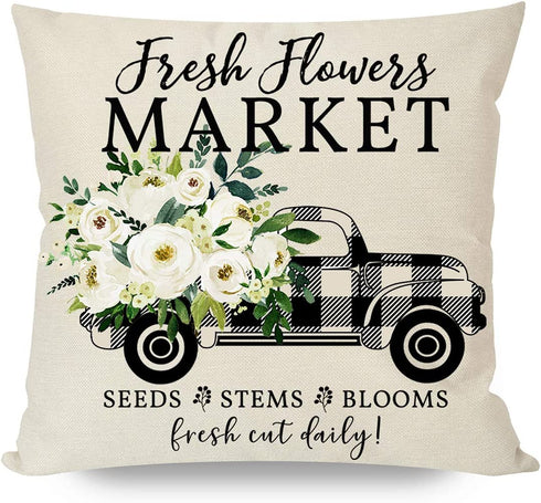 PANDICORN Modern Farmhouse Pillow Covers 18x18 Set of 4, Black Buffalo Plaid Check Home Love Heart Truck Wreath, Spring Decor Green Flower Floral, Welcome Throw Pillow Cases Outdoor Decorations