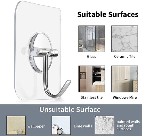 Adhesive Hooks.Heavy Duty Self Wall Hooks15lb(Max),Waterproof and Oilproof Transparent hooks11 Pack