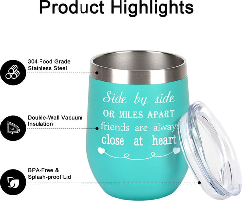 12 Oz Stainless Steel Insulated Friends Wine Tumbler Set of 2, Side By Side or Miles Apart Friends Are Always Close at Heart Wine Tumbler for Friendship Good Friends Long Distance Friends Women, Mint