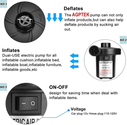 Electric Air Pump, AGPtEK Portable Quick-Fill Air Pump with 3 Nozzles, 110V AC/12V DC, Perfect Inflator/Deflator Pumps for Outdoor Camping, Inflatable Cushions, Air Mattress Beds, Boats, Swimming Ring