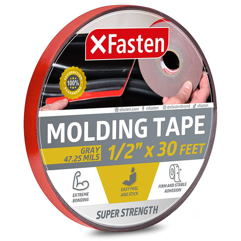 XFasten Super Strength Automotive Molding Tape, Gray, 1/2-Inch x 30-Foot, Double Sided Exterior Mounting Tape for Auto Body Molding, Trim, Side Mirror, Emblem, Nameplate and Outdoor Applications