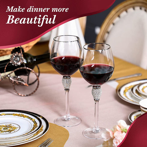 2 Pieces Rhinestone Red Wine Glass with Rim Tulip Shaped Diamond Wine Glasses Long Stem Glassware for Wedding, Parties, Anniversary (Silver)
