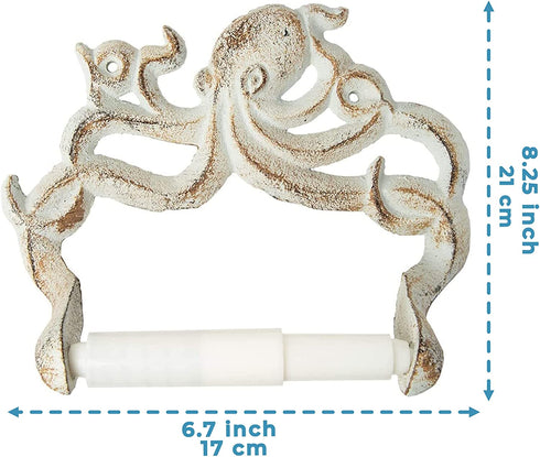 Decorative Cast Iron Octopus Toilet Paper Roll Holder Wall Mounted Octopus D©cor for Bathroom Kraken, Nautical Bathroom Accessories Easy to Install with Included Screws and Anchors - Rust White