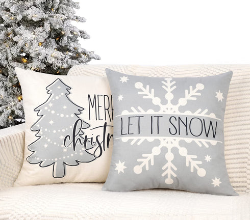 4TH Emotion Gray Christmas Pillow Covers 18x18 Set of 4 Farmhouse Christmas Decorations Merry Tree Joy Let It Snow FA La La Winter Holiday Decor Throw Cushion Case for Home Couch TH055-18