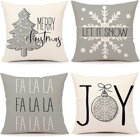 4TH Emotion Gray Christmas Pillow Covers 18x18 Set of 4 Farmhouse Christmas Decorations Merry Tree Joy Let It Snow FA La La Winter Holiday Decor Throw Cushion Case for Home Couch TH055-18