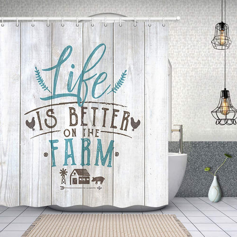 Farm Sweet Farm Farmhouse Animals Rooster Shower Curtain for Bathroom, Life is Better on The Farm Chicken and Pig with Barn House on Vintage Wood Shower Curtain with Hooks, (69" WX70 H)