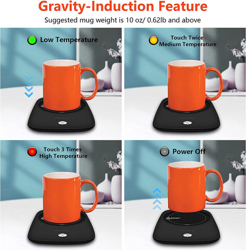 Kerjthu Coffee Mug Warmer, Smart Cup Warmer for Desk with Gravity-Induction & 3-Temperature Control, Black Beverage Warmer for Coffee, Tea, Milk, Tea Warmer Gift for Mother, Father