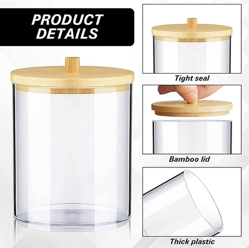 6 Pack Acrylic Qtip Holder Dispenser Bathroom Jars Set Round Pad Holder with Bamboo Lid Clear Plastic Stackable Ball Storage Container with 2 Pieces Removable Sticker Label for Bathroom Accessories