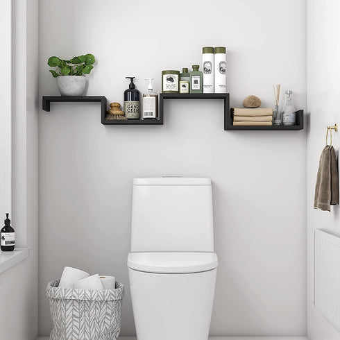 GREENDEW Wall Mounted Floating Shelves Set of 3, Modern Display Hanging Shelves, Wood Storage Shelves for Room, Kitchen, Office, Home Decor (Black)