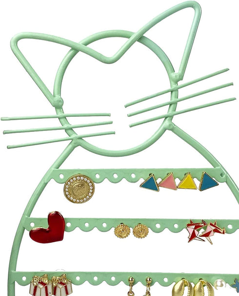 ERYTLLY Earring Holder, Cat Shaped Earring Stand with Wood Base for Girls/ Kids-47 Stud Earrings Holes (Mint Green)
