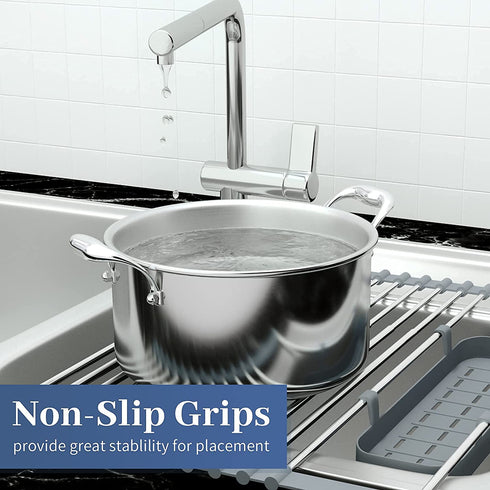 Kitsure Expandable Roll-Up Dish Drying Rack for Kitchen with Adjustable Length Design(12.75-23in), Collapsible Over-The-Sink Dish Drying Rack with Space-Saving Design, Rolling Rack for Sink
