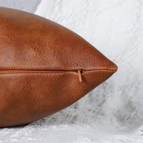 MANDIOO Set of 2 Faux Leather Decorative Throw Pillow Covers Modern Solid Outdoor Cushion Cases Luxury Pillowcases for Couch Sofa Bed 12x12 Inches Brown