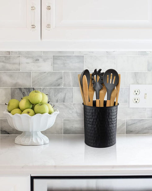 Monarch Abode Hand Hammered Kitchen Utensil Holder Crock, Large, Black