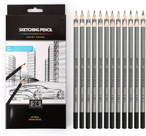 dainayw Professional Drawing Sketching Pencils Set, 24 Pieces Art Pencils 14B, 12B, 10B, 9B, 8B, 7B, 6B, 5B, 4B, 3B, 2B, B, HB, F, H - 9H, Graphite Shading Pencils for Beginners & Pro Artists