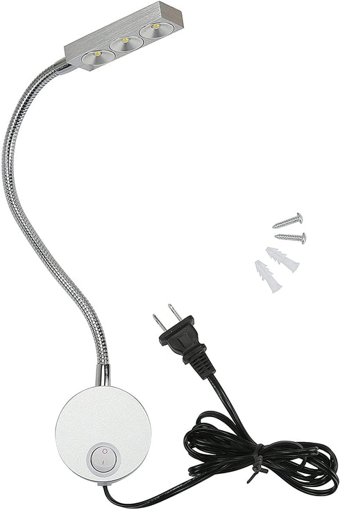 Plug Wired Flexible 3X 1W 85-265V Aluminum Gooseneck Led Wall Mount Light Sconce Lamp Lighting with Switch for Bedroom Reading & Multi-Purpose Lighting (Cool White Lighting)