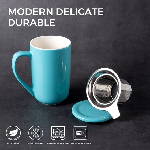 AmorArc Ceramic Tea Mug,16Oz Tea Cup with Infuser and Lid, Tea Strainer Cups with Tea Bag Holder for Loose Leaf Tea, Tea Steeping Mug for Tea/Coffee/Milk with well-wrapped Gift box -Turquoise