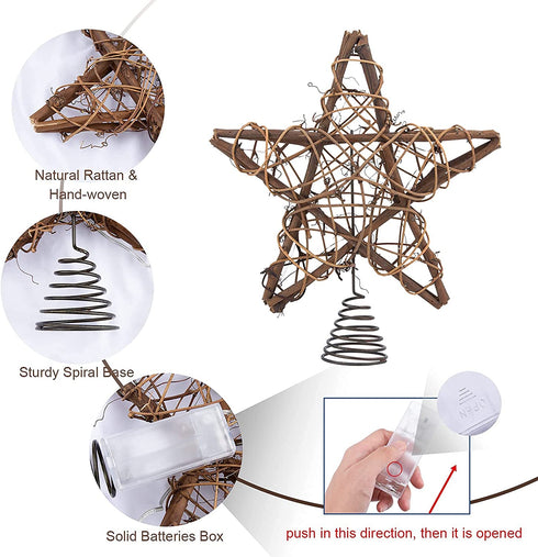 LAWOHO Christmas Tree Topper Star Rustic Rattan Natural Star Treetop 10 inch Christmas Tree and Holiday Seasonal Decoration Fit for General Size Christmas Tree