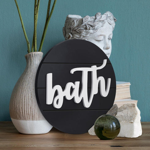 Modern Rustic 3D Bath Sign,Shiplap Farmhouse Bathroom Round Sign for Wall Hanging Decor, Handcrafted €œBath Sign Home Wooden Sign (Matt Black)