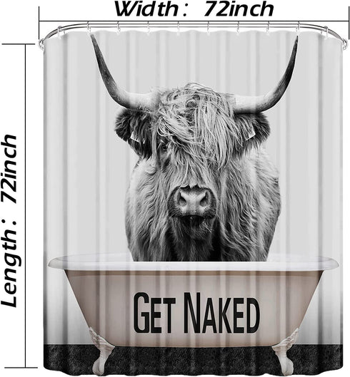 DOMOKU Highland Cow Shower Curtain Get Naked Cow Shower Curtain Polyester Waterproof Western Farmhouse Cow Print Funny Shower Curtain with Hooks,72 X 72 Inche