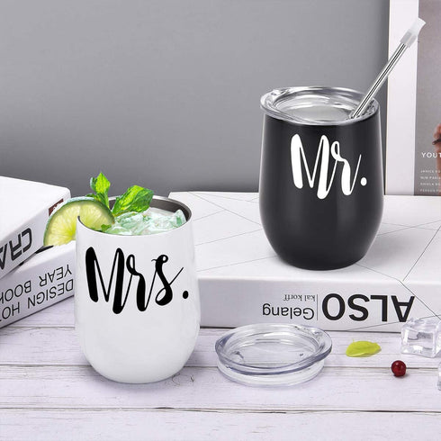 Mr and Mrs Wine Tumbler Set, Wedding Wine Tumbler, 12 Oz Insulated Stainless Steel Wine Tumbler for Newlyweds Couples Wife, Wedding Tumbler Idea for Bridal Showers Engagement, Set of 2