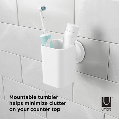Umbra Flex Sure-Lock Toothbrush Holder, Bathroom Storage Tumbler, Cup for Toothpaste, Combs and Makeup Brushes - Attaches to Glass Panes, Mirrors and Tiles with SureLock Technology, No Drilling, White