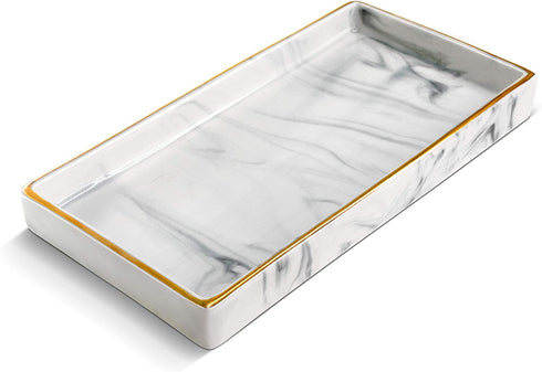 Ceramic Vanity Tray, Candle Tray with White Marble Finish | Jewelry Tray, Jewelry Dish | Marble Tray Decor, Perfume Tray for Dresser | Decorative Tray, Bathroom Tray | Key Tray, Small Tray