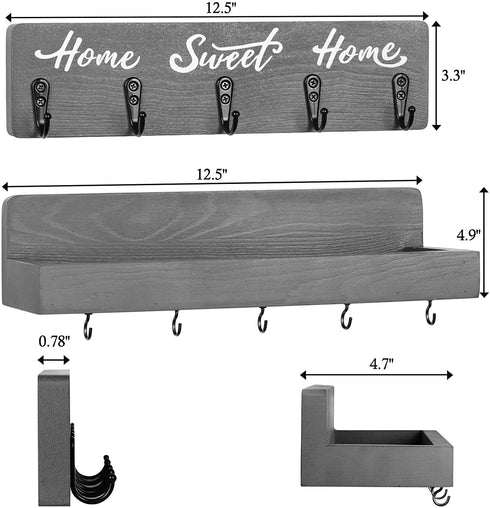 OurWarm 2PCS Mail and Key Holder for Wall Decorative, Wooden Key Hanger with 10 Key Hooks for Wall, Mail Organizer Wall Mount with Key Rack, Rustic Home Entryway Decor for Hallway Office-Grey