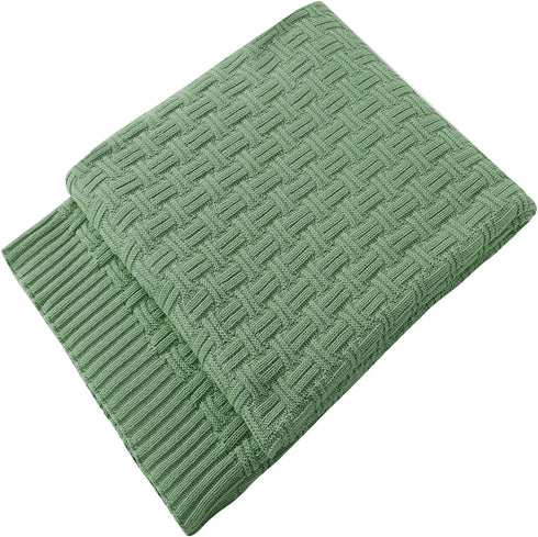 TREELY 100% Cotton Knitted Throw Blanket Couch Cover Blanket(50 x 60 Inches, Sage Green)