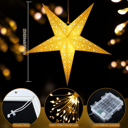 Paper Star Lantern, 8 Mode 50 LEDs Firework Fairy String Lights, Light up Hollow Out Star Hanging Decoration for Indoor Outdoor Room Wedding Christmas Party (Chic Style)
