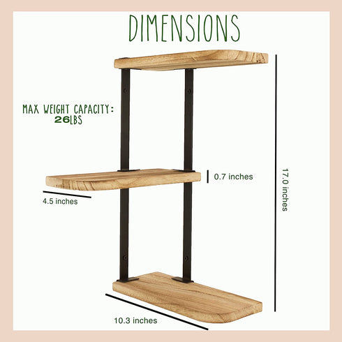 TORTELY HAUSS Corner Shelf Wall Mount | 3-Tier Corner Shelves Made from Solid Paulownia Wood | Rustic Floating Corner Shelves Wall Mounted for Living Room Bathroom Kitchen