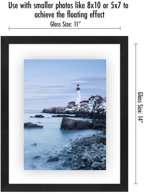 Americanflat 11x14 Floating Frame in Black with Polished Glass and Hanging Hardware Included - Also Use 8x10 or 5x7 Photos for Floating Effect - Horizontal and Vertical Formats for Wall