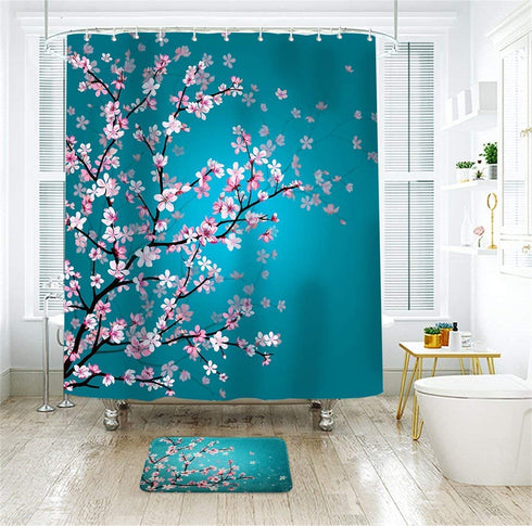 LIVILAN Cherry Blossom Shower Curtain Japanese Shower Curtain Floral Sakura Plum Blossom Flower Shower Curtains with 12 Hooks Teal Blue and Pink Pretty Shower Curtain, 72" W x 72" H
