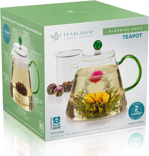 Teabloom Blooming Oasis Teapot - 34 oz Borosilicate Glass Teapot, Glass Tea Infuser, 2 Blooming Teas - Thermal Shock Resistant - Stovetop, Microwave, Dishwasher Safe - Holds 3-4 Cups