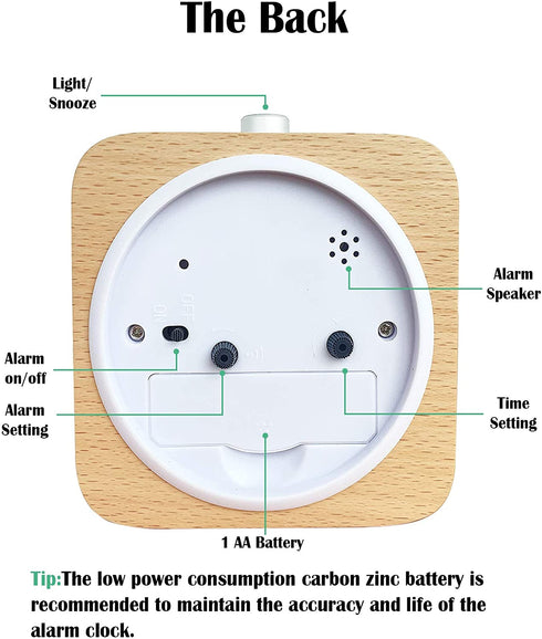 Reynoe 4 Inch Wooden Analog Alarm Clock Battery Operated Non-Ticking with Snooze Button,Night Light,Gentle Wake