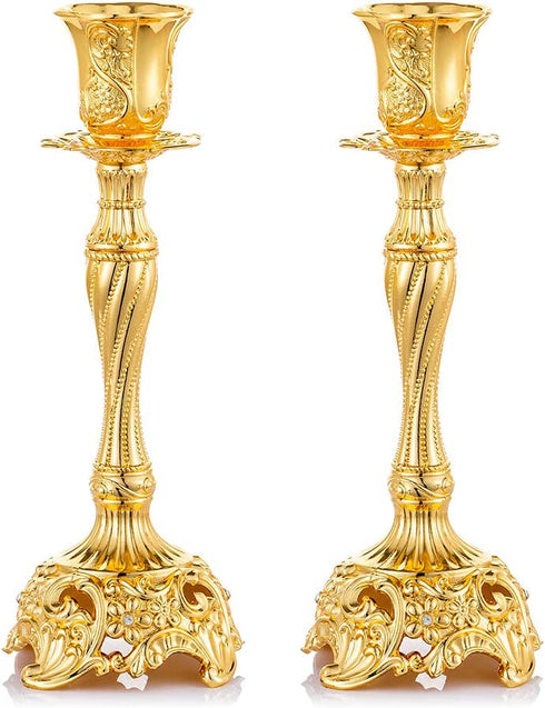 Sziqiqi Gold Candlestick Holders Set of 2 Taper Candle Holders Deluxe Ornate Candle Holders for Shabbat Taper Candles, Candle Centerpiece, Wedding Candles, Christmas Candle 7.4inch