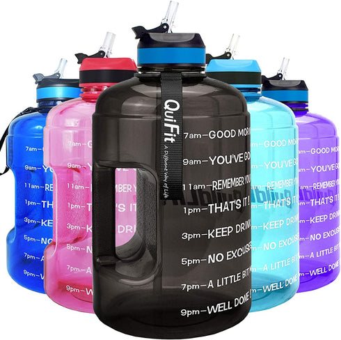 QuiFit Motivational Gallon Water Bottle - with Straw & Time Marker BPA Free Large Reusable Sport Water Jug with Handle for Fitness Outdoor Enthusiasts