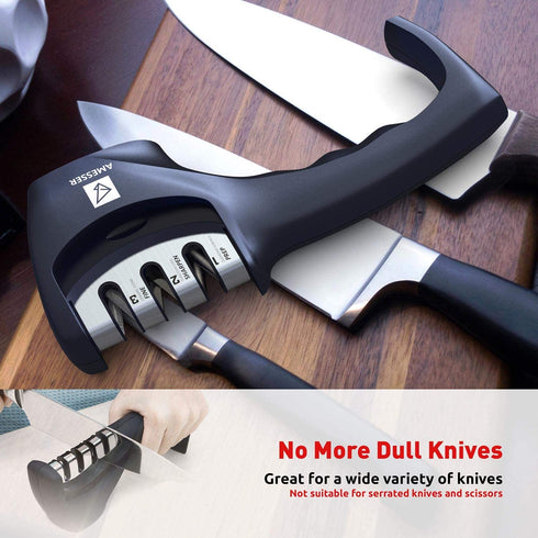 Kitchen Knife Sharpener - 3 Stage Knife Sharpening Tool Sharpens Chef's Knives - Kitchen Accessories Help Repair, Restore and Polish Blades Quickly, Food Safety Cut Resistant Glove Included, Black