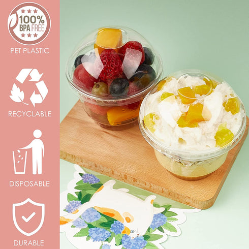 50 Pack 10oz Dessert Cups with Lids, Clear Plastic Parfait Cups with No Hole Dome Lids and Sporks, Disposable Snack Bowls for Cereal Parfait, Ice Cream, Yogurt, Fruit, Cupcakes, Pudding